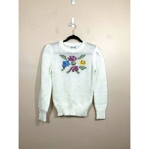 VTG Ricki Womens Floral Sweater M White Cottagecore Granny 80s 90s Twee Coquette